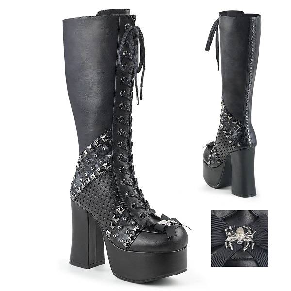Demonia Women's Charade-150 Knee High Platform Boots - Black Vegan Leather D4235-19US Clearance